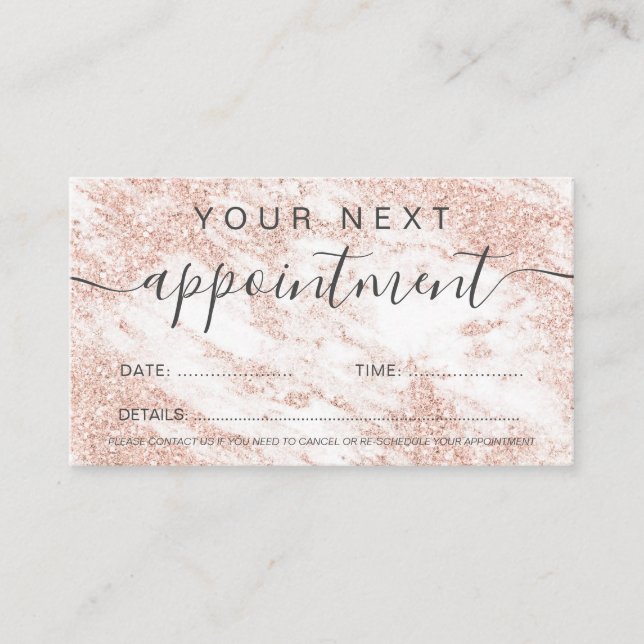 Modern rose gold glitter white marble professional appointment card (Front)