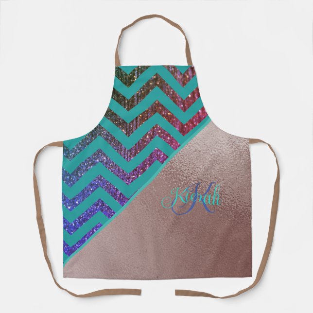 Modern Rose Gold Glittery Chevron Teal Green Name Apron (Front)
