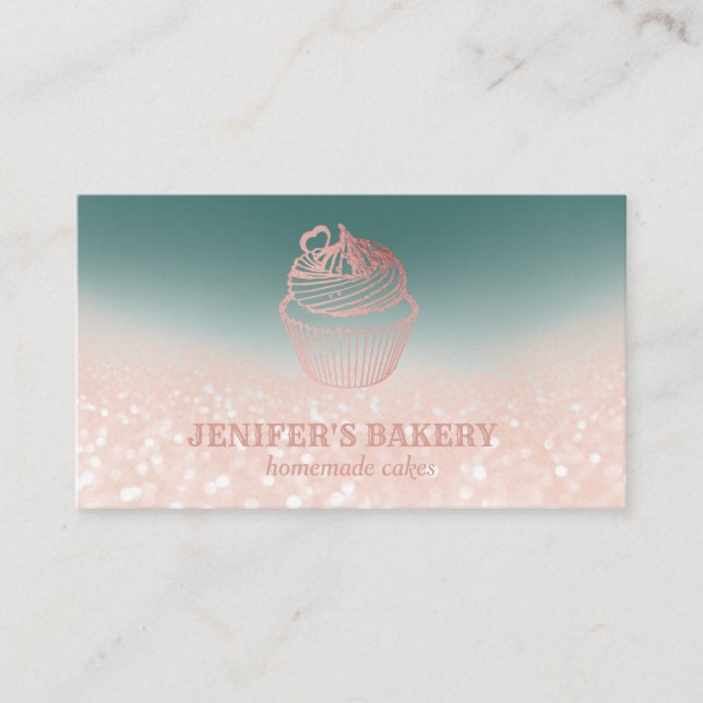 Modern rose gold glittery cupcake homemade bakery business card (Front)