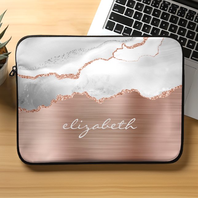 Modern Rose Gold Gray White Agate Metallic Laptop Sleeve (Creator Uploaded)