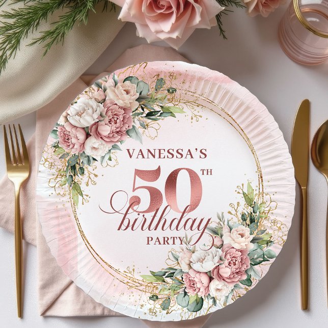 Modern Rose Gold Greenery 50th Birthday Glitter   Paper Plate (Modern Rose Gold Greenery 50th Birthday Glitter Party Plates

)