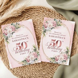 Modern Rose Gold Greenery 50th Birthday Thank You Card