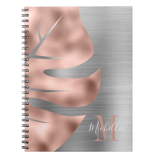 Modern Rose Gold Grey Monogram Notebook (Front)