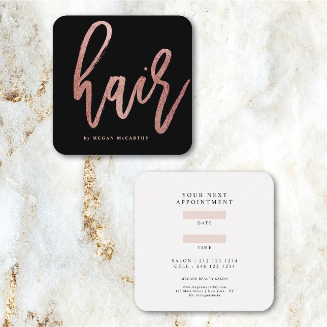 Modern Rose Gold Hair Stylist Script Appointment Square Business Card (Creator Uploaded)