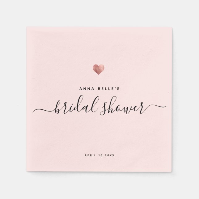 Modern Rose Gold Heart Chic Script Bridal Shower Napkin (Front)