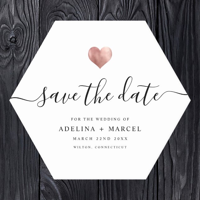 Modern Rose Gold Heart Save the Date Paper Coaster (Hexagonal wedding save-the-date coaster on wood background. Elegant script reads "save the date" )