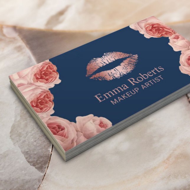 Modern Rose Gold Lips Floral Makeup Artist Navy Business Card (Creator Uploaded)