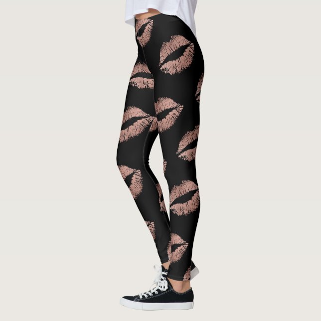 Modern Rose Gold Lips Kiss Pattern Leggings (Left)