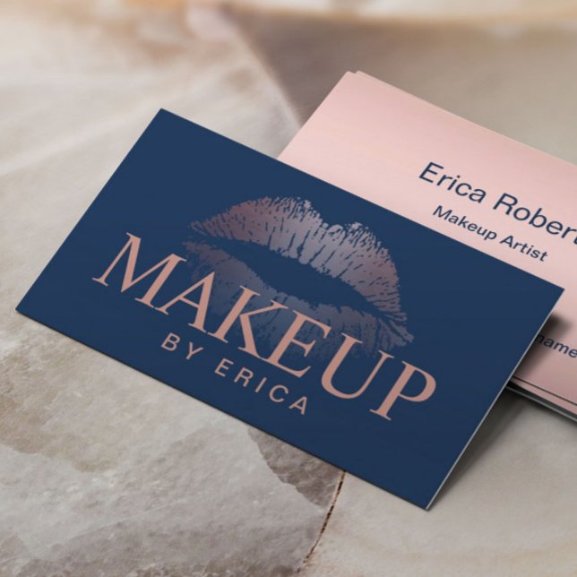 Modern Rose Gold Lips Navy Blue Makeup Artist Business Card (Creator Uploaded)