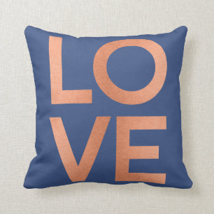 Modern Rose Gold Love Typography Blue Grey Cushion