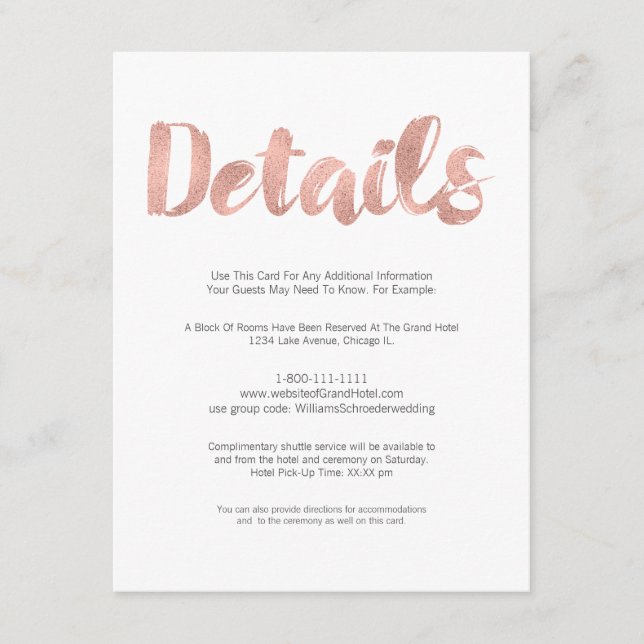 Modern Rose Gold Love Wedding Details Card (Front)