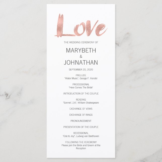 Modern Rose Gold Love Wedding Program Programme (Front)