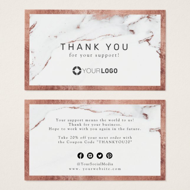 Modern rose gold marble luxe business thank you (Front & Back)
