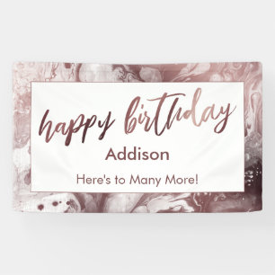 Modern Rose Gold Marbled White Happy Birthday Banner