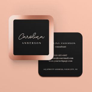 Modern Rose Gold Minimal Black Script Square Business Card