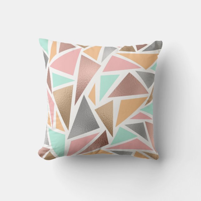 Modern Rose Gold Mint Metallic Triangles Geometric Cushion (Front)