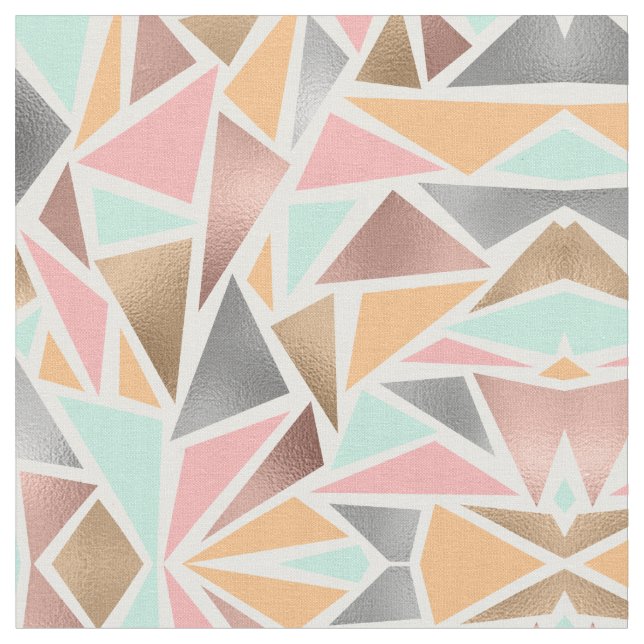 Modern Rose Gold Mint Metallic Triangles Geometric Fabric (Close Up)