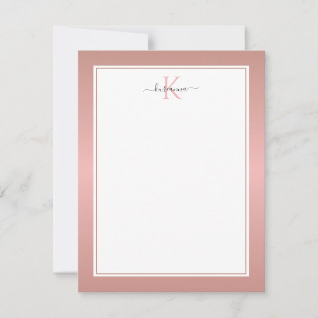 Modern Rose Gold Monogram Chic Girly Note Card (Front)