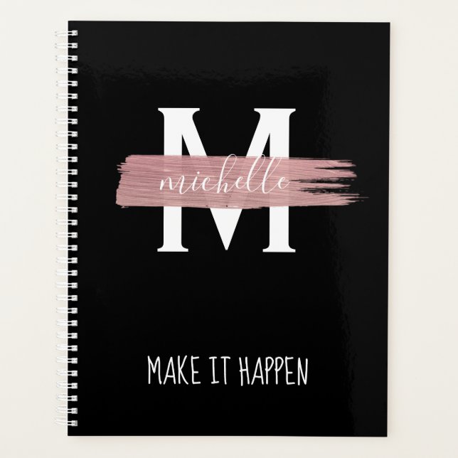 Modern Rose Gold Monogram & Motivation Black Planner (Front)