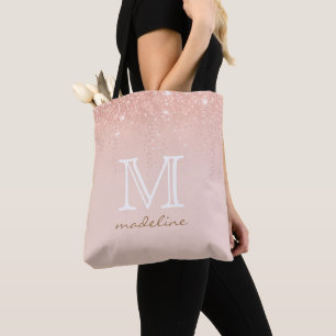 Modern Rose Gold Monogram Script Tote Bag