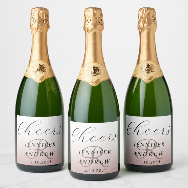 Modern Rose Gold Monogram Wedding  Sparkling Wine  Label (Bottles)
