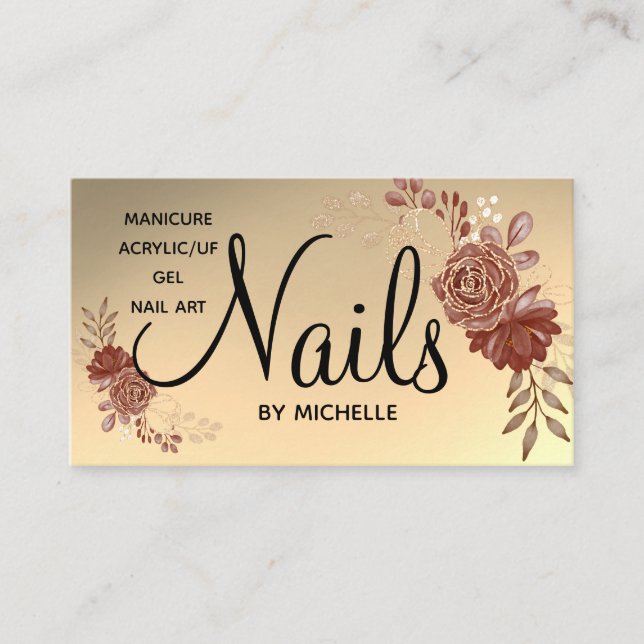 Modern Rose Gold Nail Technician floral Business Card (Front)