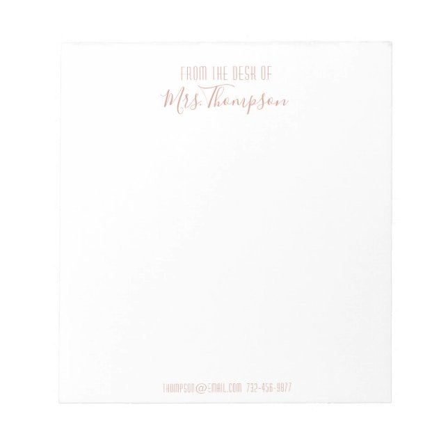 Modern Rose Gold Name Script From The Desk Of Notepad (Front)