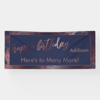 Modern Rose Gold Navy Blue Marble Happy Birthday