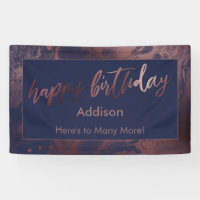 Modern Rose Gold & Navy Marbled Happy Birthday
