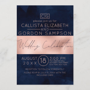 Modern Rose Gold Navy Stripe Watercolor Wedding Invitation