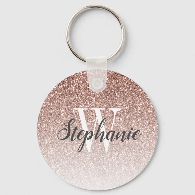 Modern Rose Gold Ombre Faux Glitter Monogram Key Ring (Front)