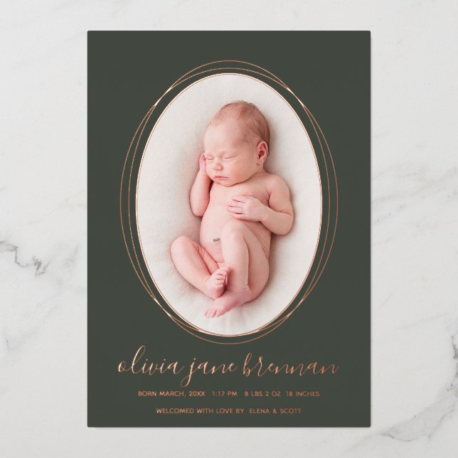 Modern Rose Gold Oval Birth Announcement (Front)
