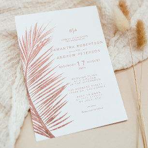 Modern rose gold palm leaf white wedding invitation