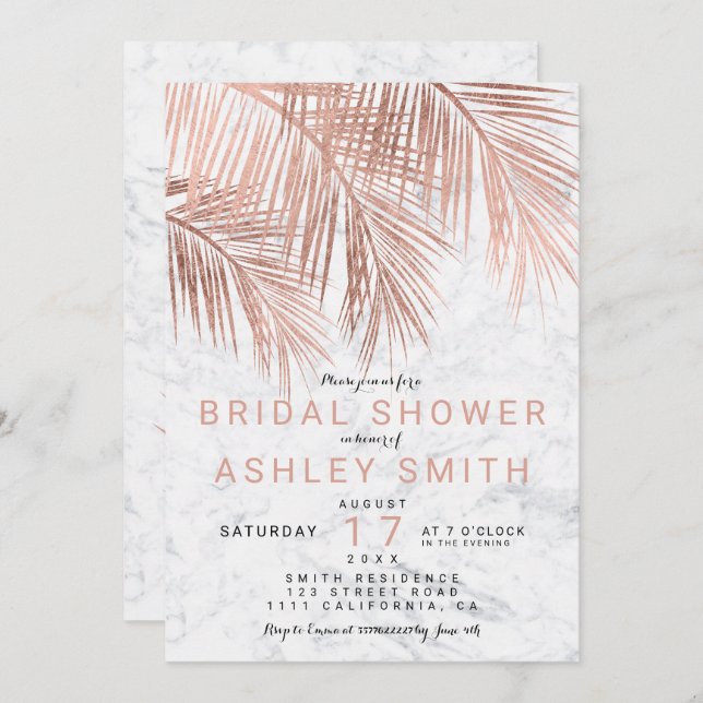 Modern rose gold palm tree marble Bridal shower Invitation (Front/Back)