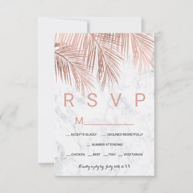 Modern rose gold palm tree marble RSVP wedding Card (Front)