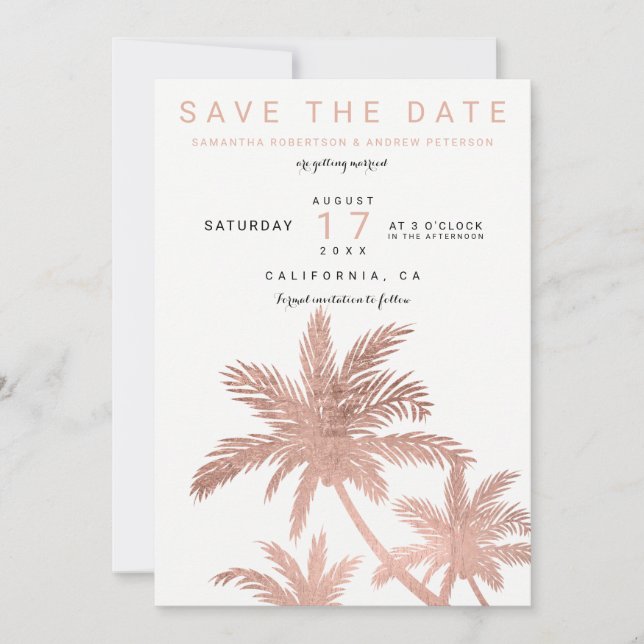Modern rose gold palm trees elegant save the date (Front)