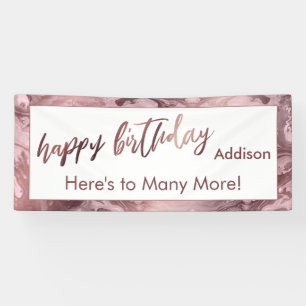 Modern Rose Gold Pastel Pink Marble Happy Birthday Banner
