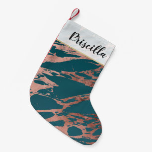 Modern Rose Gold Peacock Teal Marble Small Christmas Stocking