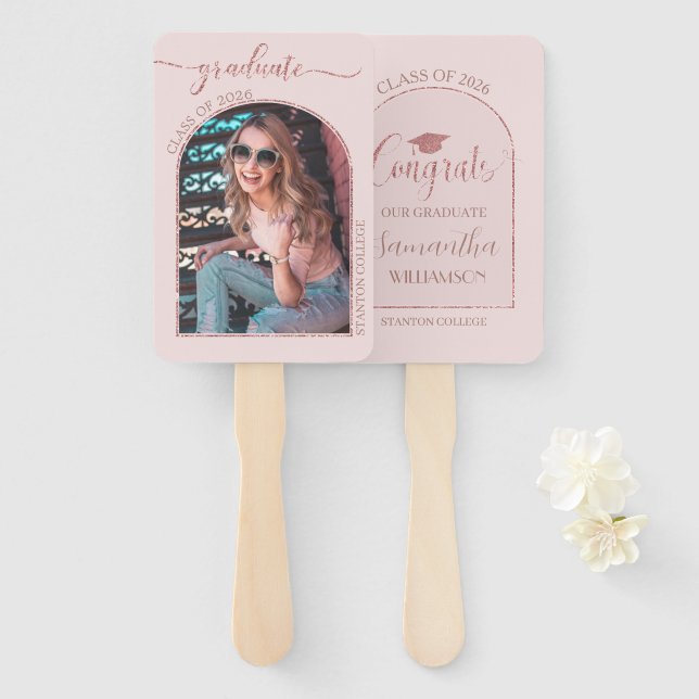Modern Rose Gold Pink Arch Picture Graduation Hand Fan (Front and Back)