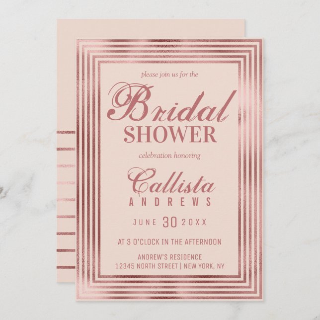 Modern Rose Gold Pink Stripe Border Bridal Shower Invitation (Front/Back)