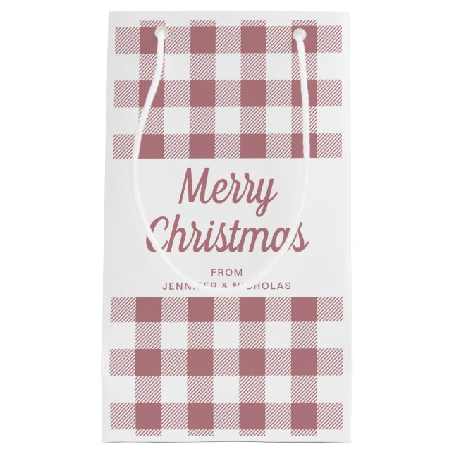 Modern Rose Gold Plaid Merry Christmas Small Gift Bag (Front)
