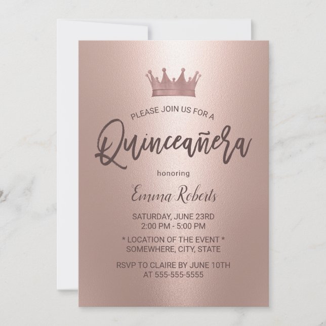 Modern Rose Gold Princess Quinceanera 15 Birthday Invitation (Front)