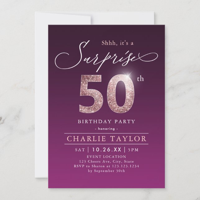 Modern rose gold purple surprise 50th birthday inv invitation (Front)