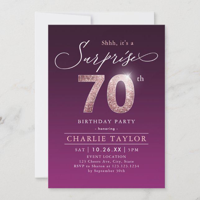 Modern rose gold purple surprise 70th birthday invitation (Front)