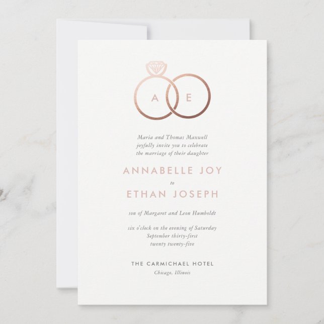 Modern Rose Gold Rings Blush Wedding Invitation (Front)