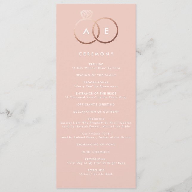 Modern Rose Gold Rings Blush Wedding Program Programme (Front)