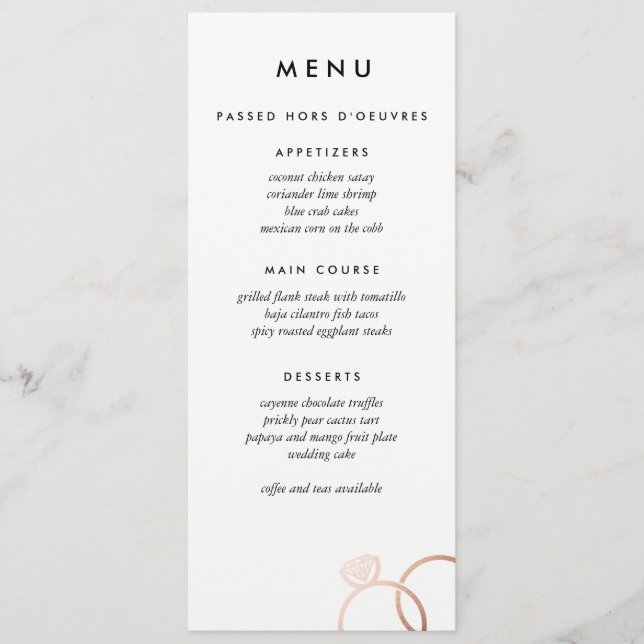 Modern Rose Gold Rings Custom Wedding Menu (Front)