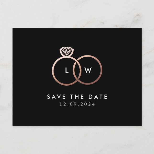 Modern Rose Gold Rings Monogram Black Postcard (Front)