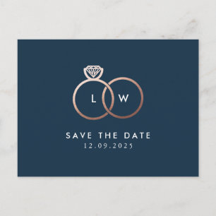 Modern Rose Gold Rings Monogram Navy Save the Date Postcard