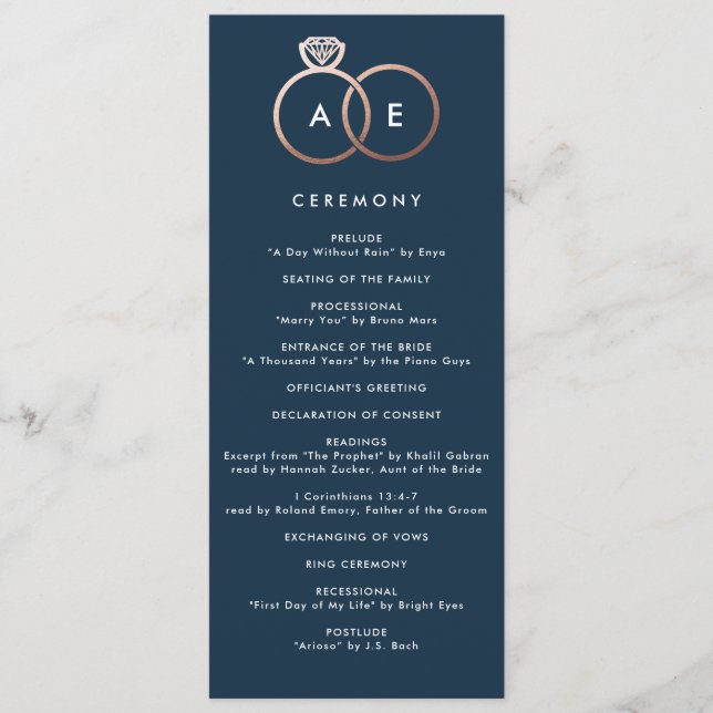 Modern Rose Gold Rings Navy Blue Wedding Program Programme (Front)